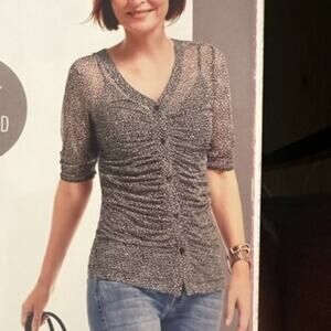 Cabi Black/Grey V-Neck Gathered Placket Sheer Blouse Size Small